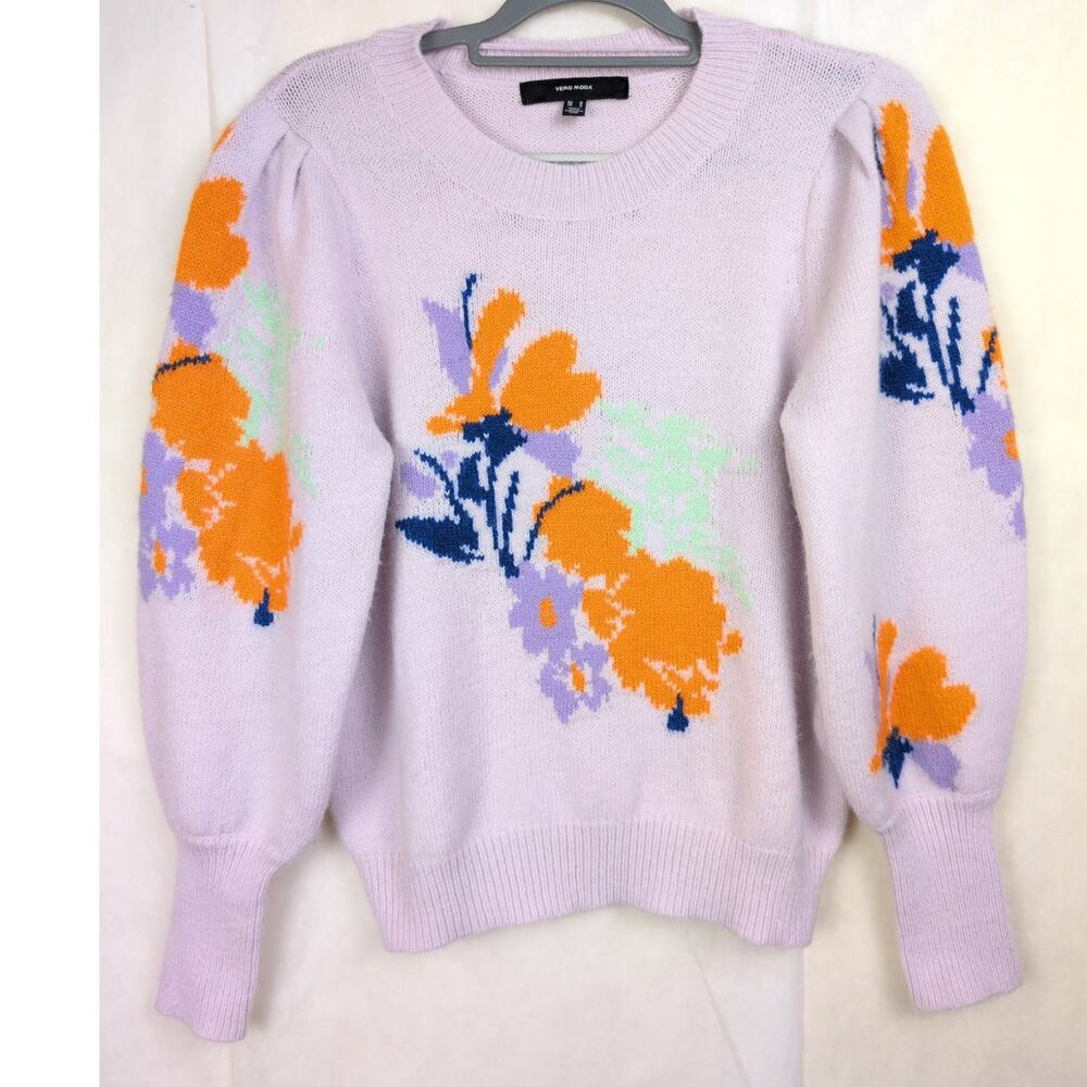 Vero Moda Lavender Floral Intarsia Balloon Sleeve Sweater Med Cottagecore Soft